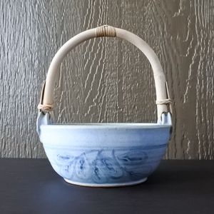 Vintage Becky Eiker Art Pottery Stoneware Blue Hand Painted Bowl Wooden Handle